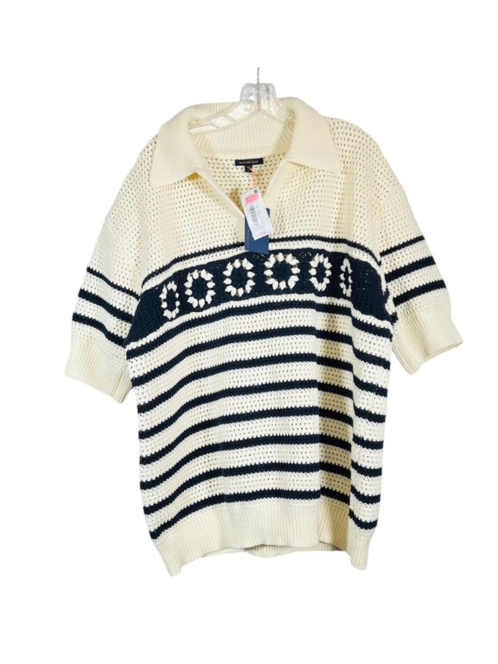 Skies Are Blue Sweater 3X NWT Crochet Knit Floral Striped Polo Cream Navy